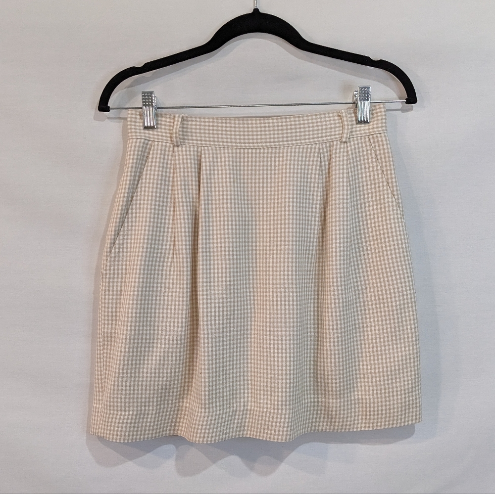 Vintage High Waisted Chaus Cream Gingham Mini Skirt With Pockets Size 8